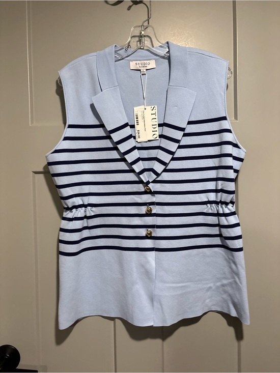 Studio Tops - Studio Light Blue Sleeveless Striped Blazer Vest with Navy Accents